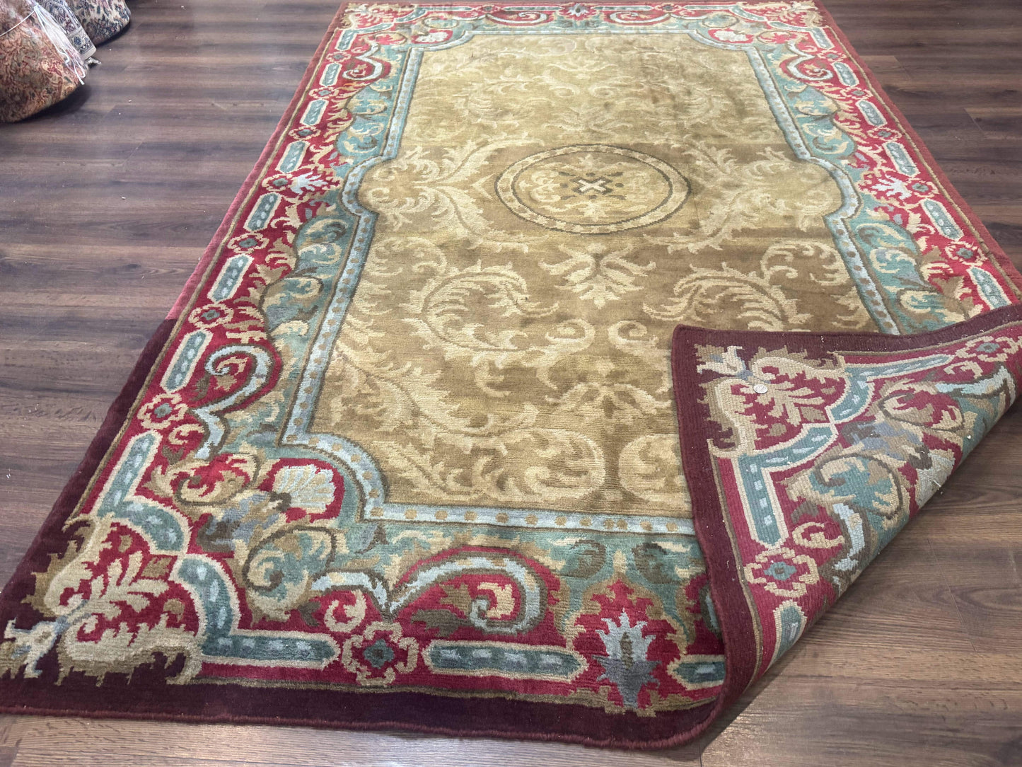 Tibetan Aubusson Rug 6x9, Gold-Beige, Soft Wool Pile, Handmade