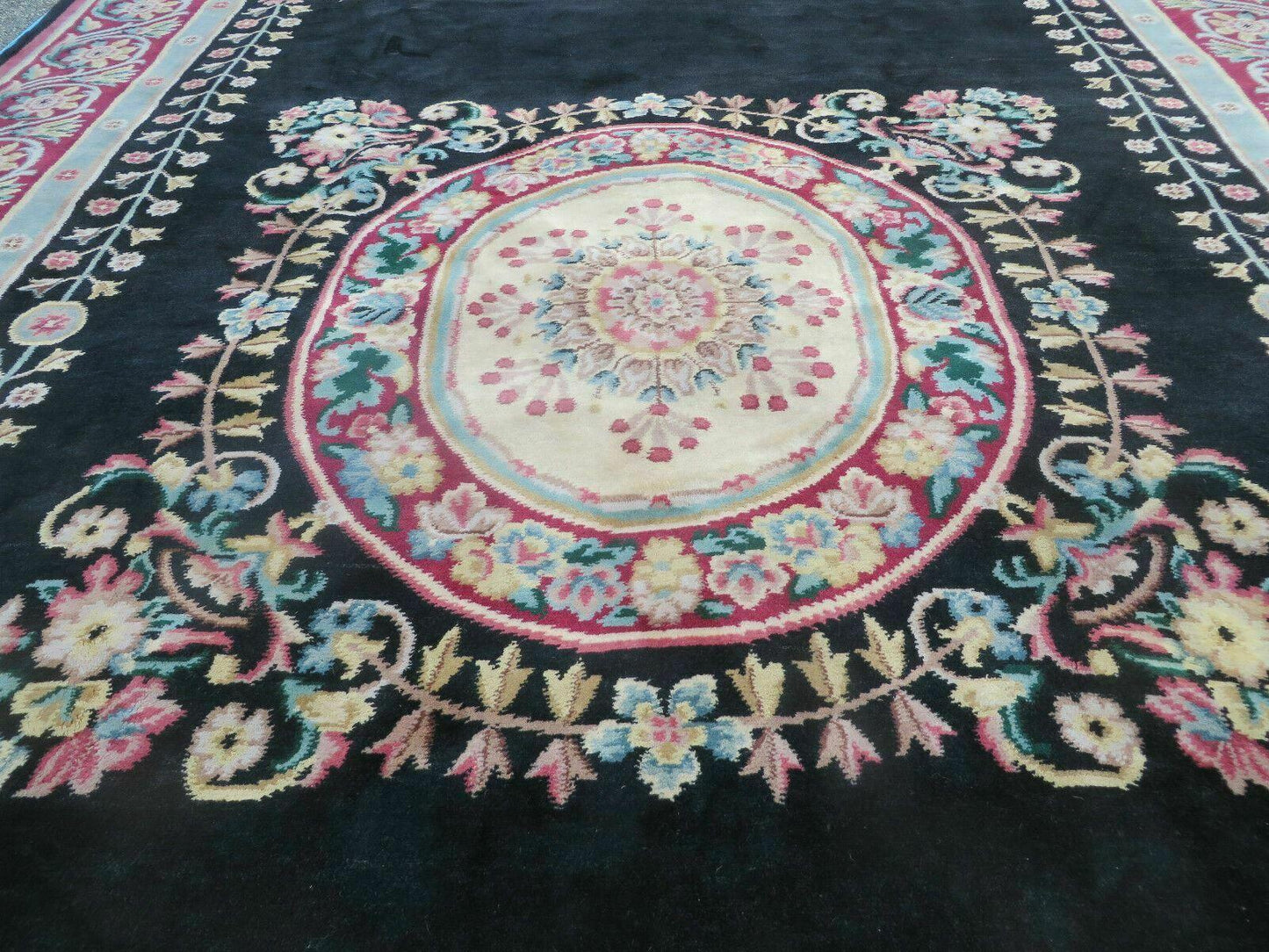 Vintage Chinese Aubusson Hand Knotted Wool Rug 9 By 12 Feet Black
