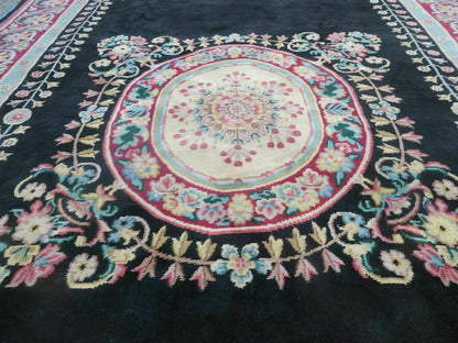 Vintage Chinese Aubusson Hand Knotted Wool Rug 9 By 12 Feet Black