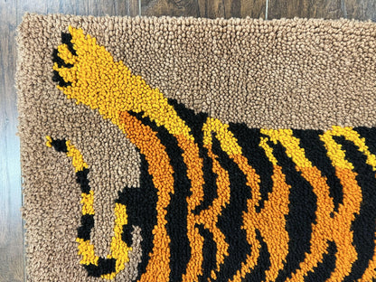 Small Hooked Rug 2x3, Tibetan Tiger Design, Wool, Unique Hooked Rug, Vintage