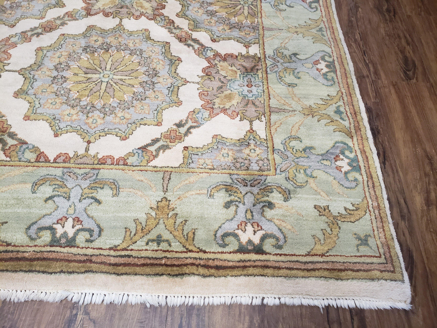 Indo Sultanabad Area Rug 8 x 9.5, Wool Hand-Knotted Ivory Green Teal Decorative Rug, Floral Panel Carpet, Indian Rug, 8 x 10 Bedroom Rug