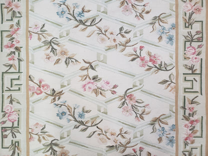 Vintage Aubusson Area Rug, Aubusson Flat weave Carpet, Floral Geometric Pattern, Beige Teal Green, 4x6 Rug, European Design