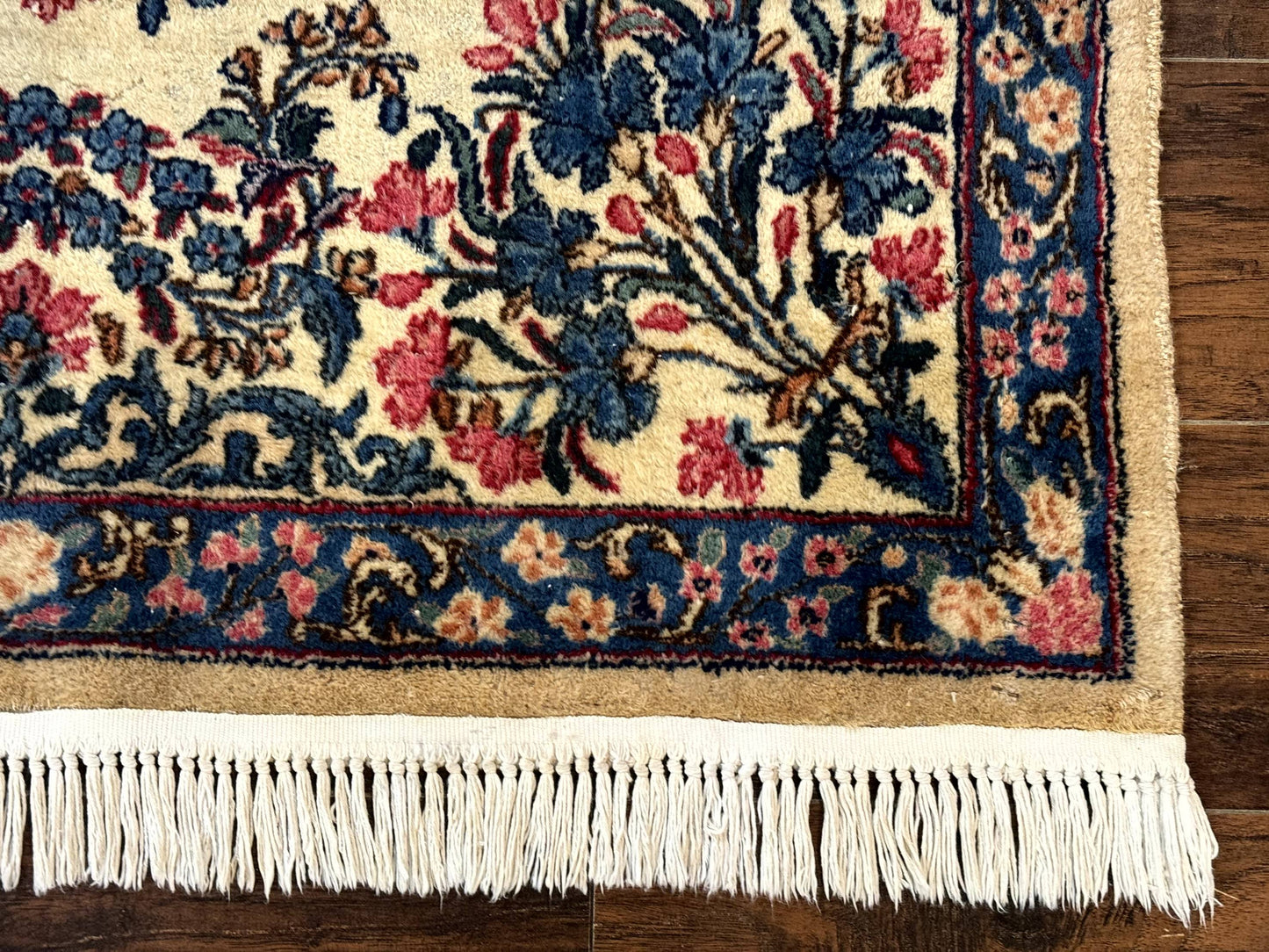 Persian Kerman Rug 4x4 Square Ivory Blue Pink Handmade 225 KPSI