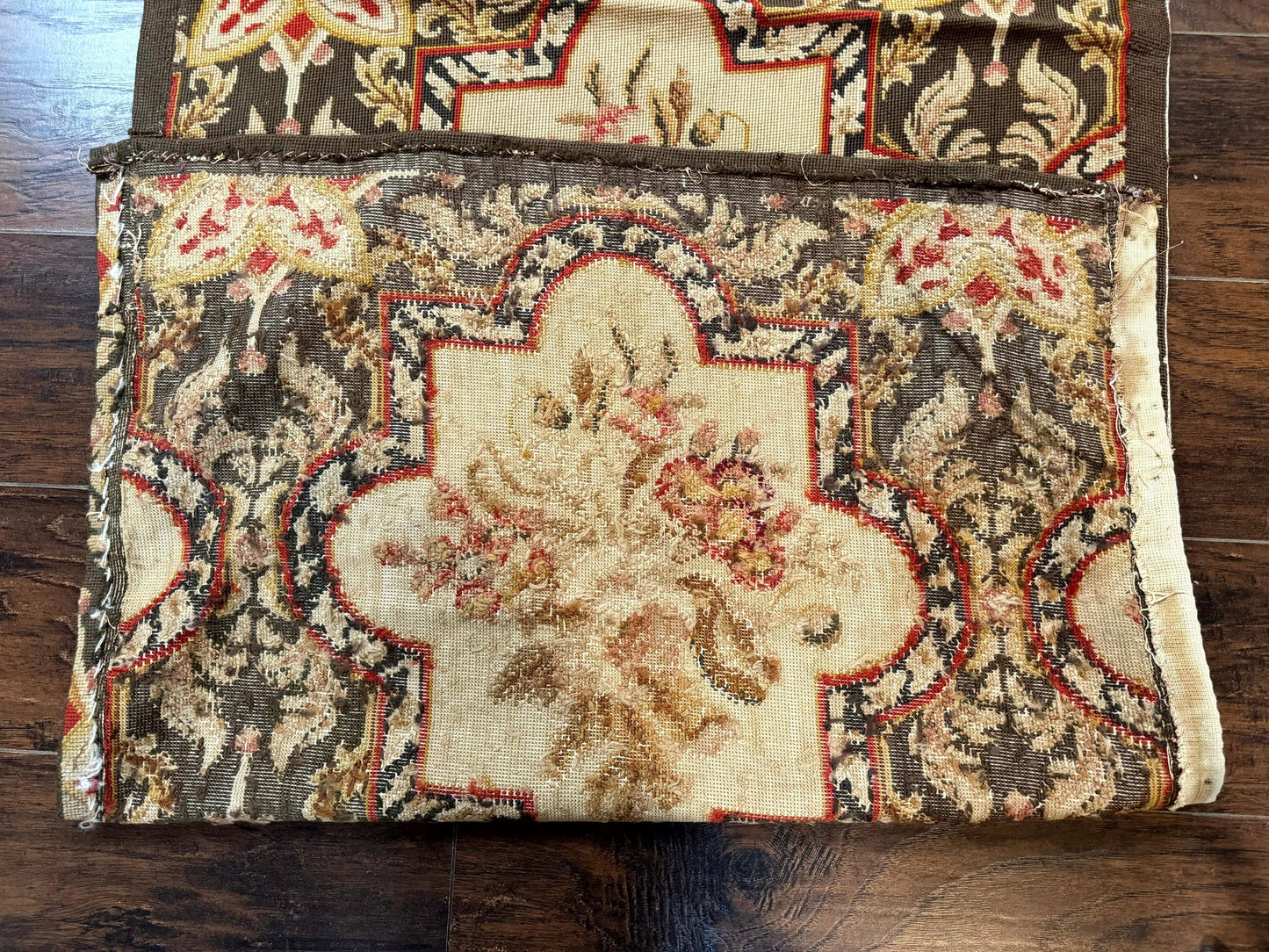 Needlepoint Runner Rug 2.7 x 9.7, European French Design, Wool, Handmade, Vintage