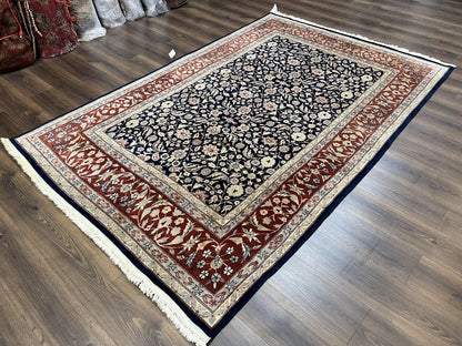 Indo Sarouk Rug 6x9, Vintage Indian Persian Rug, Wool Oriental Carpet, Navy Blue Red Allover Floral Rug, Traditional Very Fine Rug, Area Rug