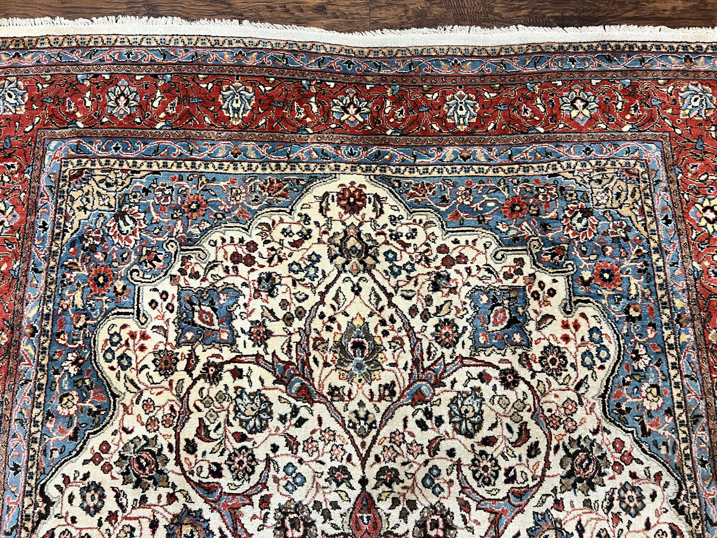 Persian Sarouk Rug 8x12 Hand Knotted Wool Antique Carpet With Cream Red Floral Medallion