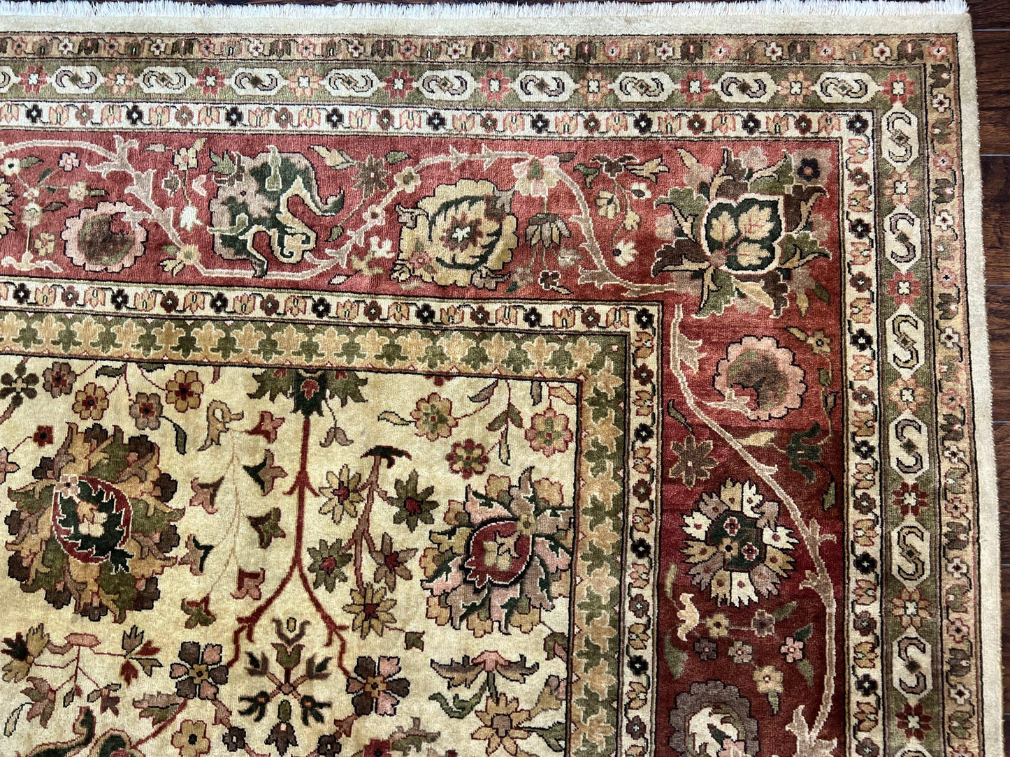 Large Indian Rug 10x14, Hand Knotted Indo Persian Gandehar Oriental Carpet, Vintage Wool Rug 10 x 14 ft Cream Red Floral Allover Traditional