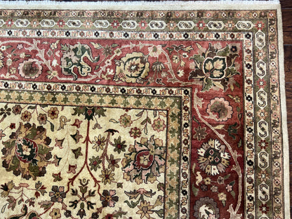 Large Indian Rug 10x14, Hand Knotted Indo Persian Gandehar Oriental Carpet, Vintage Wool Rug 10 x 14 ft Cream Red Floral Allover Traditional