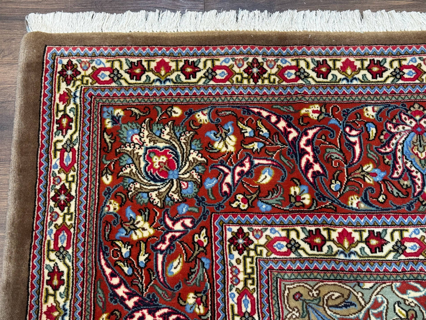 Persian Qum Rug 7x11 Beige Red Floral Medallion 260 KPSI Hand Knotted