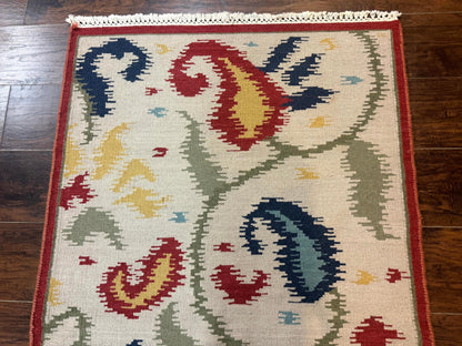 Indian Kilim Flatweave Rug 3x5, Abstract, Beige and Multicolor Flowers, Handmade