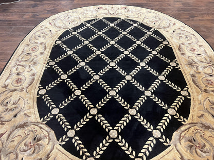 Tibetan Rug Oval 8 By 10 Wool Handmade French Aubusson Design Vintage Carpet
