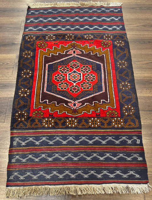 Handmade Afghan Rug 3x5 Tribal Geometric Navy Blue Wool Rustic Living Room Accent