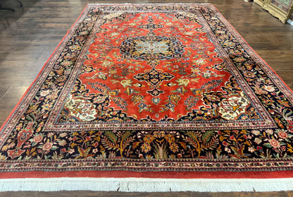 Indo Persian Rug 7x10 Vintage Handmade Wool Carpet Floral Medallion Red And Midnight Blue