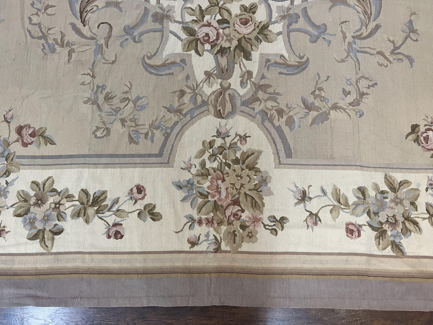 Aubusson Needlepoint Rug 9x12 Vintage Handmade Wool Beige Floral Roses European Elegant