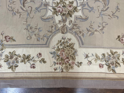 Aubusson Needlepoint Rug 9x12 Vintage Handmade Wool Beige Floral Roses European Elegant