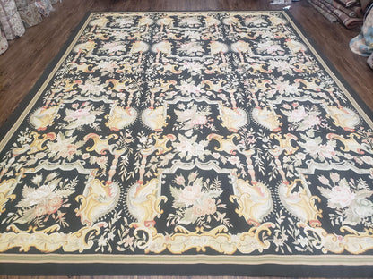 Vintage Black Aubusson Area Rug 8x10, Large Flowers Chinese Aubusson Carpet 7.9 x 10, Wool Hand-Knotted Floral Pattern Flat Weave Rug Nice