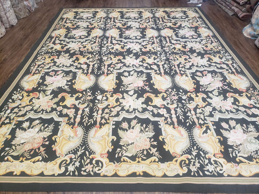 Vintage Black Aubusson Area Rug 8x10, Large Flowers Chinese Aubusson Carpet 7.9 x 10, Wool Hand-Knotted Floral Pattern Flat Weave Rug Nice