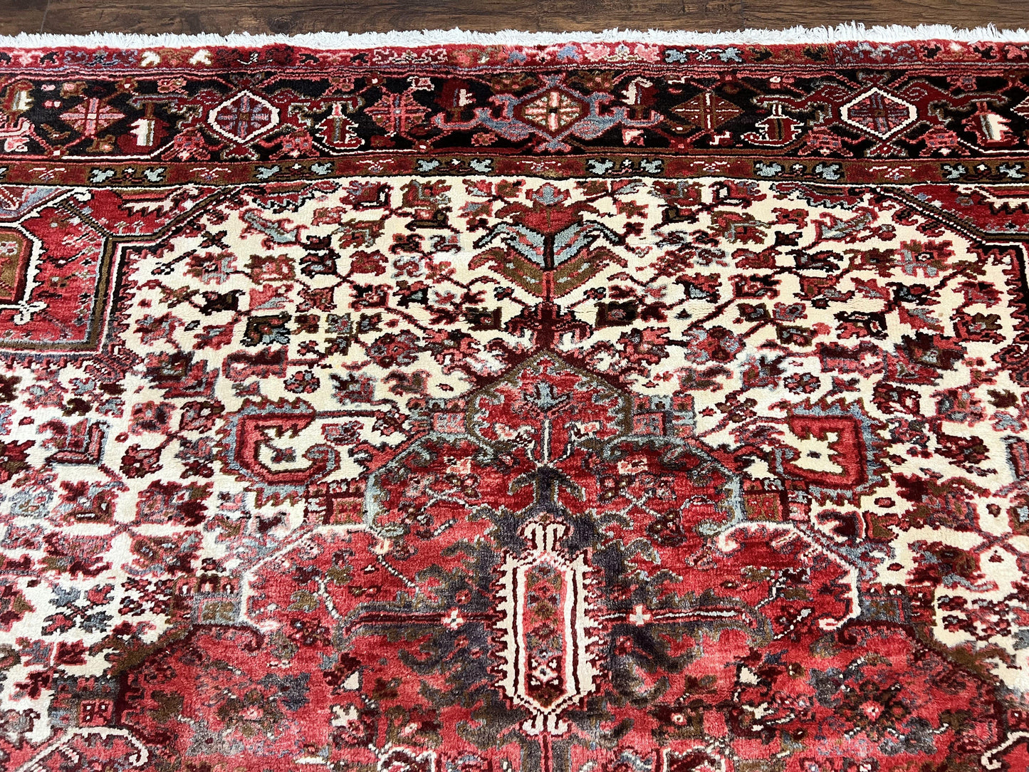 Large Persian Heriz Rug 10x13, Red and Cream Geometric Tribal Room Sized Handmade Wool Hand Knotted Semi Antique Decorative Oriental Carpet