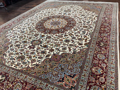 Persian Tabriz Rug Hand Knotted 8x11 Floral Medallion Traditional Area Rug Fine Wool 300 KPSI Ivory Maroon