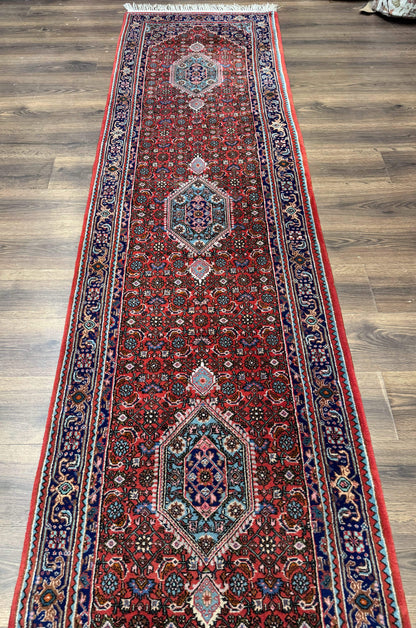 Indo Persian Bidjar Runner Rug 3 x 18.6, Red Navy Blue, Long Runner, Wool Oriental Carpet