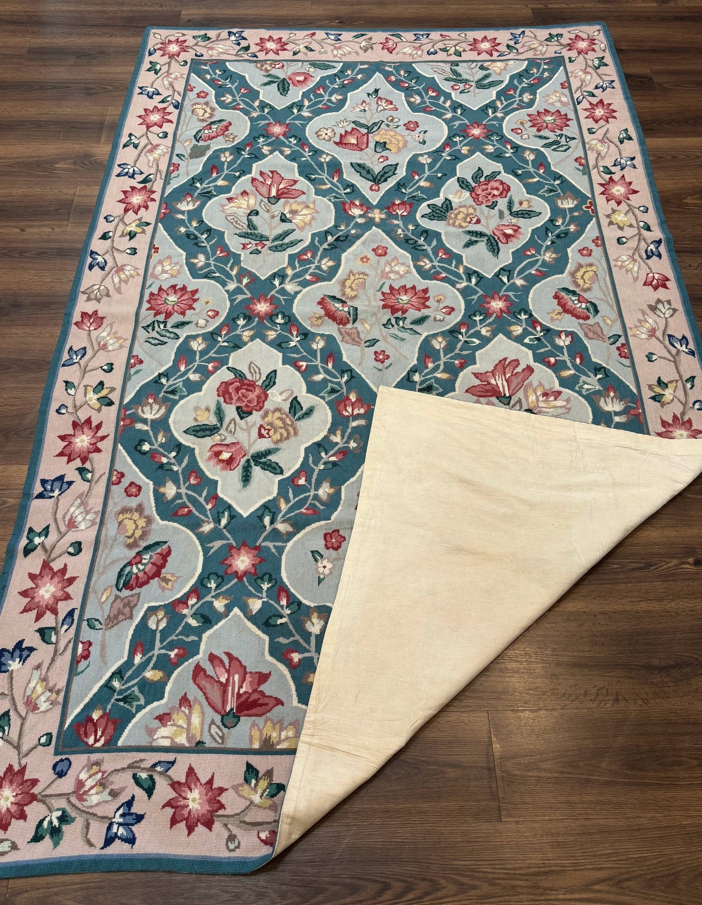 Teal Needlepoint Rug 6x9, Panel Design, Floral Bouquets, Handmade