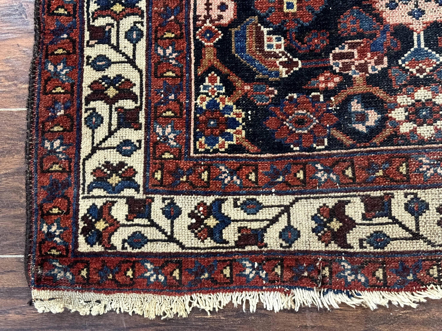 Antique Persian Rug Hamadan 3x6 Navy Blue Ivory Handmade Wool Carpet