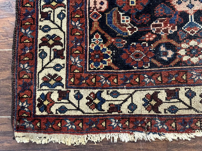 Antique Persian Rug Hamadan 3x6 Navy Blue Ivory Handmade Wool Carpet