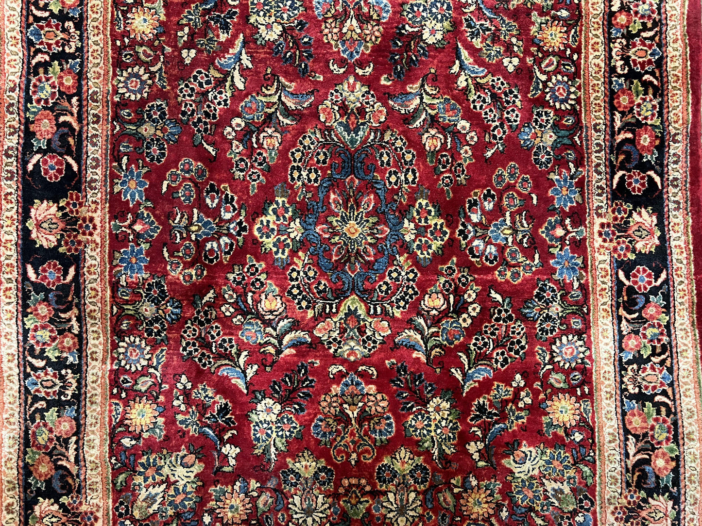 Rare Persian Almost Square Rug 6.3 x 5.3, Hand Knotted Wool Antique 1920s Sarouk Oriental Carpet, Red Navy Blue Beige, Floral Allover, 5x6 Area Rug