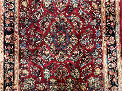 Rare Persian Almost Square Rug 6.3 x 5.3, Hand Knotted Wool Antique 1920s Sarouk Oriental Carpet, Red Navy Blue Beige, Floral Allover, 5x6 Area Rug