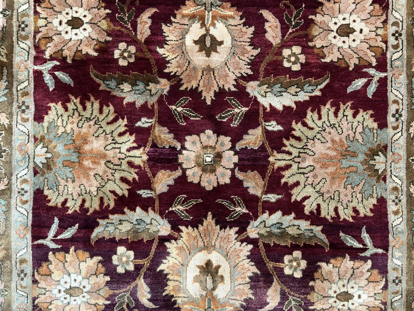 Indo Mahal Rug 6x9, Large Flowers Allover, Maroon and Green, Handmade Wool Area Rug, Vintage Rug, Indian Oriental Carpet, Hand Knotted Rug