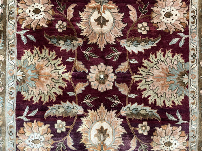 Indo Mahal Rug 6x9, Large Flowers Allover, Maroon and Green, Handmade Wool Area Rug, Vintage Rug, Indian Oriental Carpet, Hand Knotted Rug