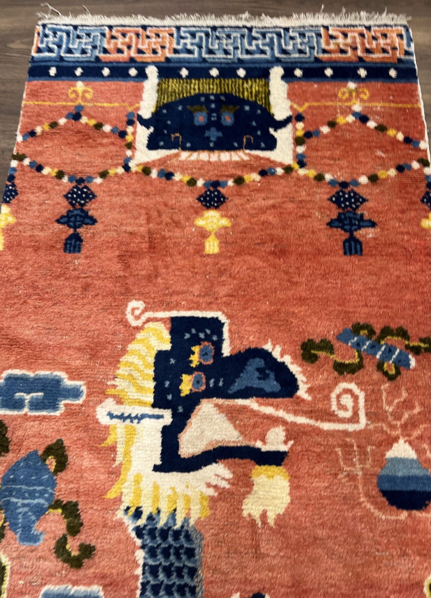 Rare Chinese Ningxia Pillar Rug 3x8, Late Qing Dynasty, 5 Clawed Dragon, Cloud Rainbow Border, Collectible Antique Carpet, Wool Hand Knotted