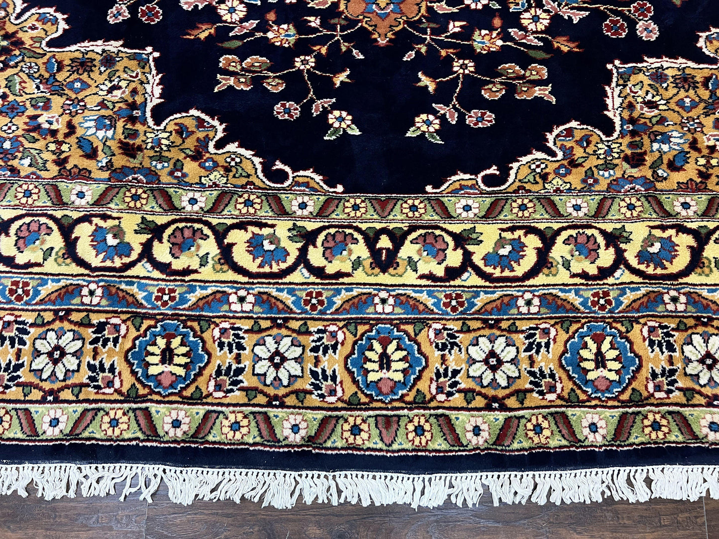 Indo Persian Rug 12x15, Mahal Sarouk Rug 12 x 15, Wool Hand Knotted Vintage Carpet, Navy Blue, Oversized Rug, Center Medallion