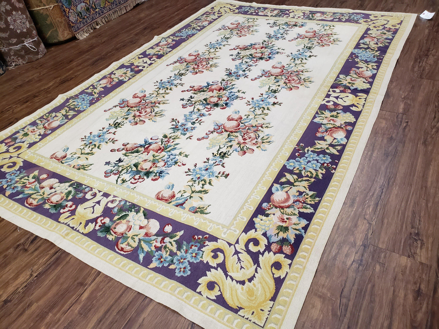 Vintage Chinese Floral Needlepoint Rug Wool Handwoven Flatweave Area Rug 6x9 Ivory Purple Dining Room
