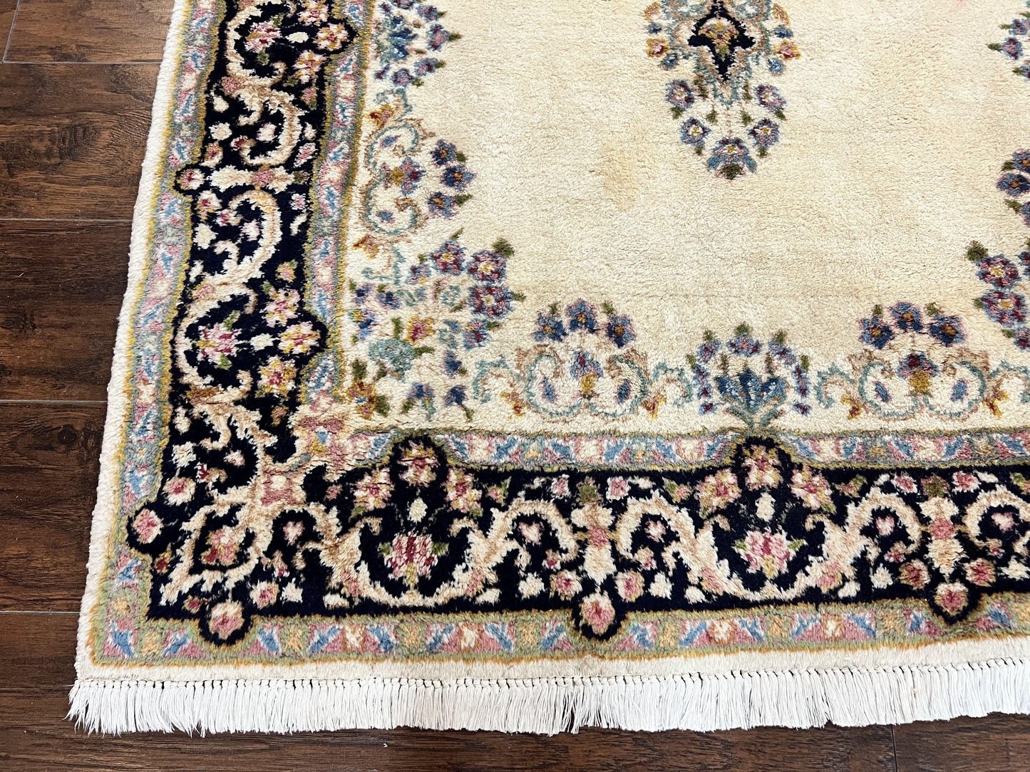 Persian Kirman Rug 4x7, Wool Hand Knotted Antique Carpet, Beige, Semi Open Field Medallion Rug, Traditional Handmade Oriental Rug