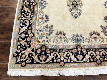 Persian Kirman Rug 4x7, Wool Hand Knotted Antique Carpet, Beige, Semi Open Field Medallion Rug, Traditional Handmade Oriental Rug