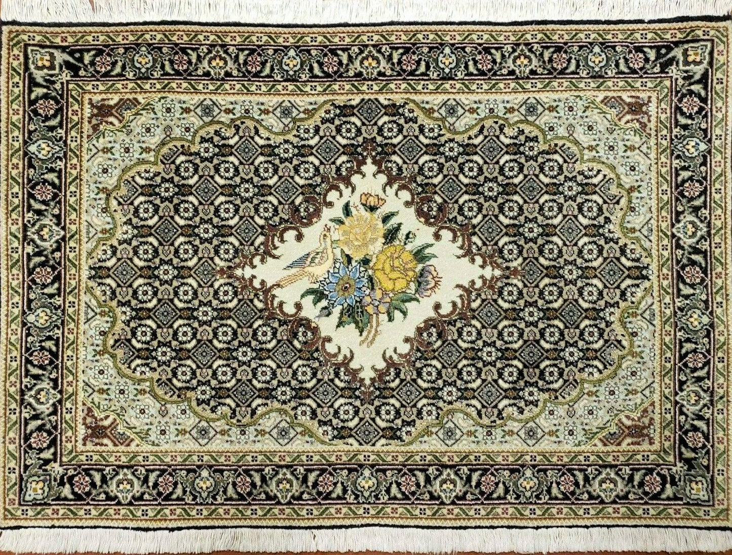 Small Persian Rug 2.4 x 3, Birds and Flowers, Finely Hand Knotted