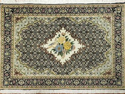 Small Persian Rug 2.4 x 3, Birds and Flowers, Finely Hand Knotted