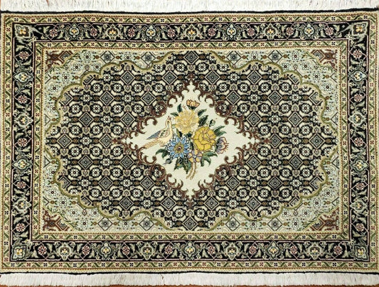 Small Persian Rug 2.4 x 3, Birds and Flowers, Finely Hand Knotted