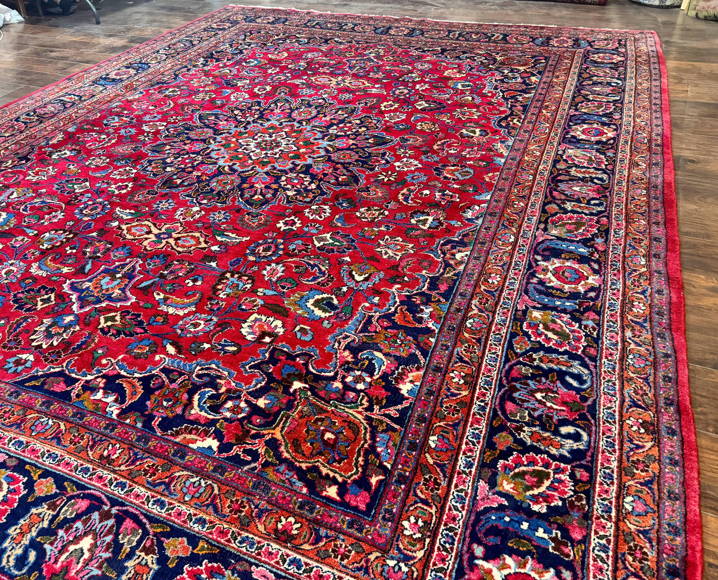 Antique Persian Mashad Rug 10x13, Red and Navy Blue, Great Colors, Signed By Masterweaver, Floral Medallion, Handmade Wool Persian Carpet