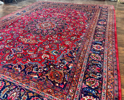Antique Persian Mashad Rug 10x13, Red and Navy Blue, Great Colors, Signed By Masterweaver, Floral Medallion, Handmade Wool Persian Carpet