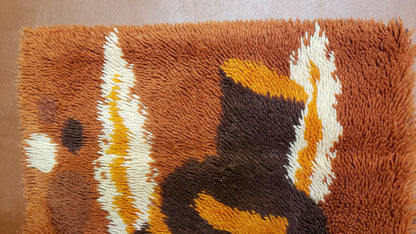 Rya Shag Rug 2x3 Mid Century Modern Danish Wool Accent Rug Dark Orange 1960s Style