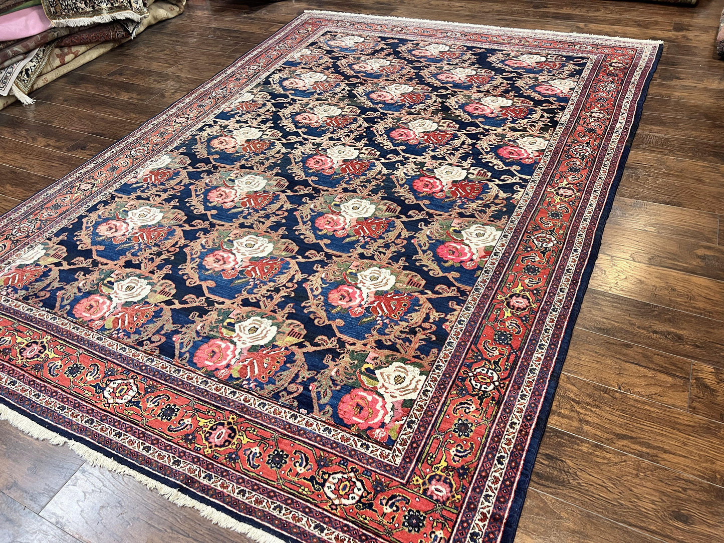 Persian Bidjar Rug 8x11, Floral Bouquets, Blue Black Red Pink, Handmade Hand Knotted Vintage Semi Antique Oriental Carpet