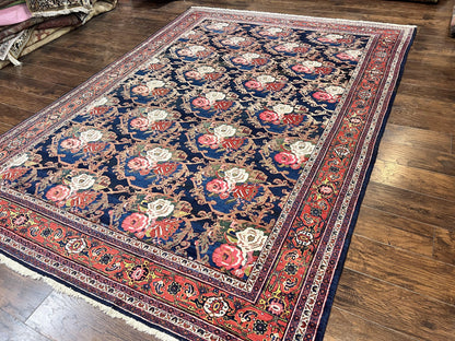 Persian Bidjar Rug 8x11, Floral Bouquets, Blue Black Red Pink, Handmade Hand Knotted Vintage Semi Antique Oriental Carpet