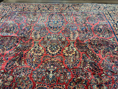 Persian Sarouk Rug 10x16 Palace Size Antique Red Carpet With Floral Medallion