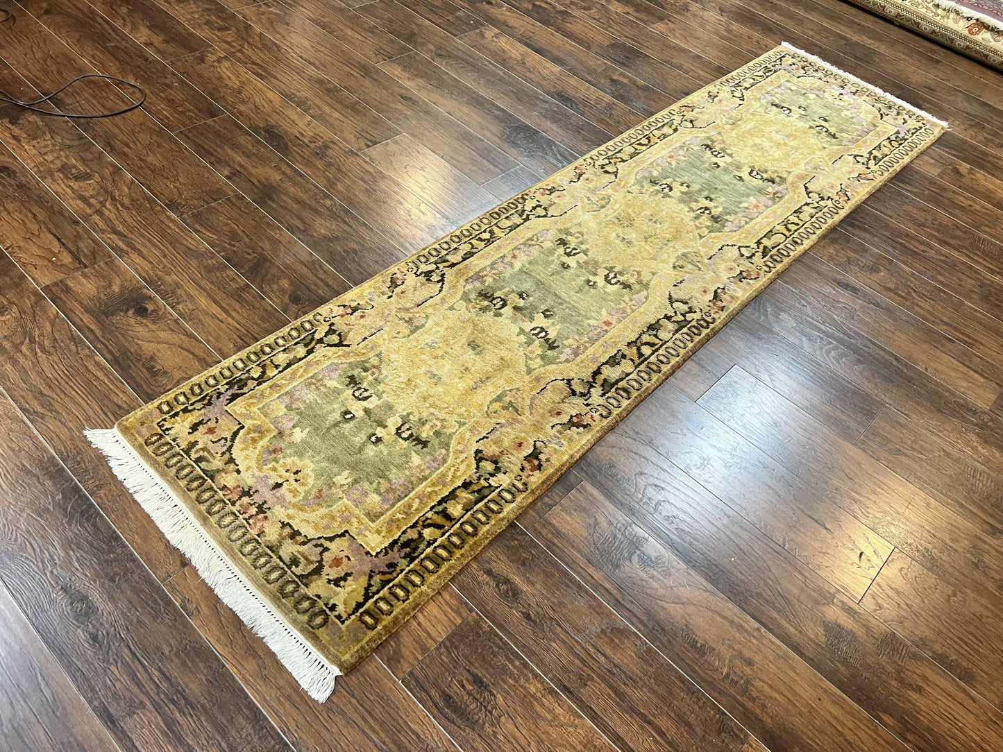 Tibetan Runner Rug 2.6 x 10, French Aubusson Pattern, Gold Olive Green, Vintage Handmade European Design, Wool Hallway Rug