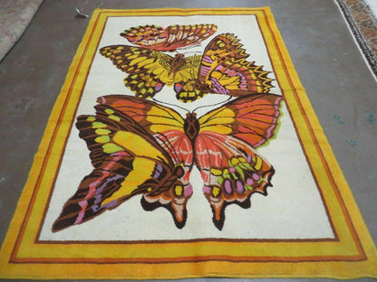 Hand Knotted Wool Rug 4x6 Butterfly Design Spanish Made Vintage 1980s
