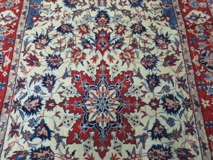Oriental Floral Medallion Wool Rug Vintage Handmade 3x5 Beige Red Blue Veg Dyes