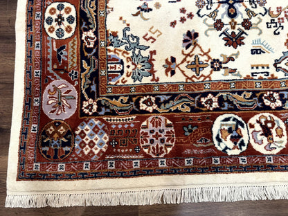 Indo Chinese Wool Rug 9x12 Ivory And Rust Red Dragon Motifs Hand Knotted