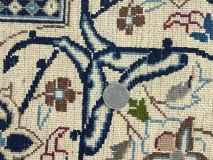 Persian Nain Rug 8x11 Wool Silk Highlights Burgundy Ivory Floral Medallion